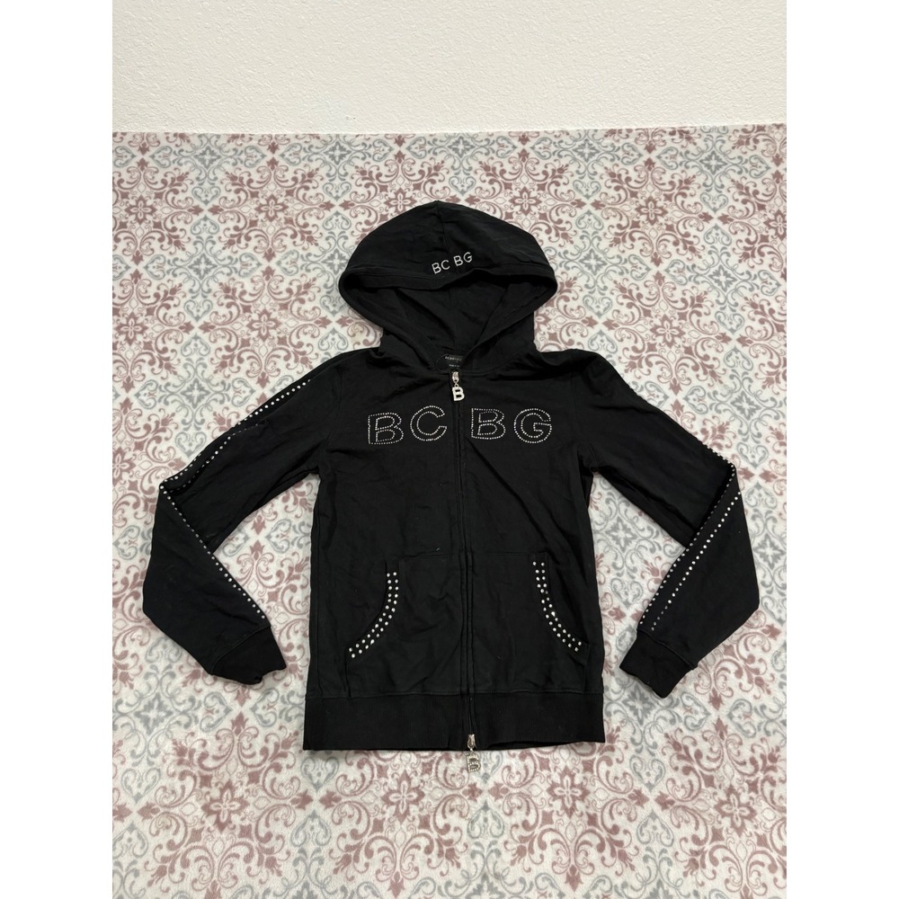 BCBG Max Azria Black Rhinestone Logo Full Zip Hoodie Y2K Sweatshirt Small